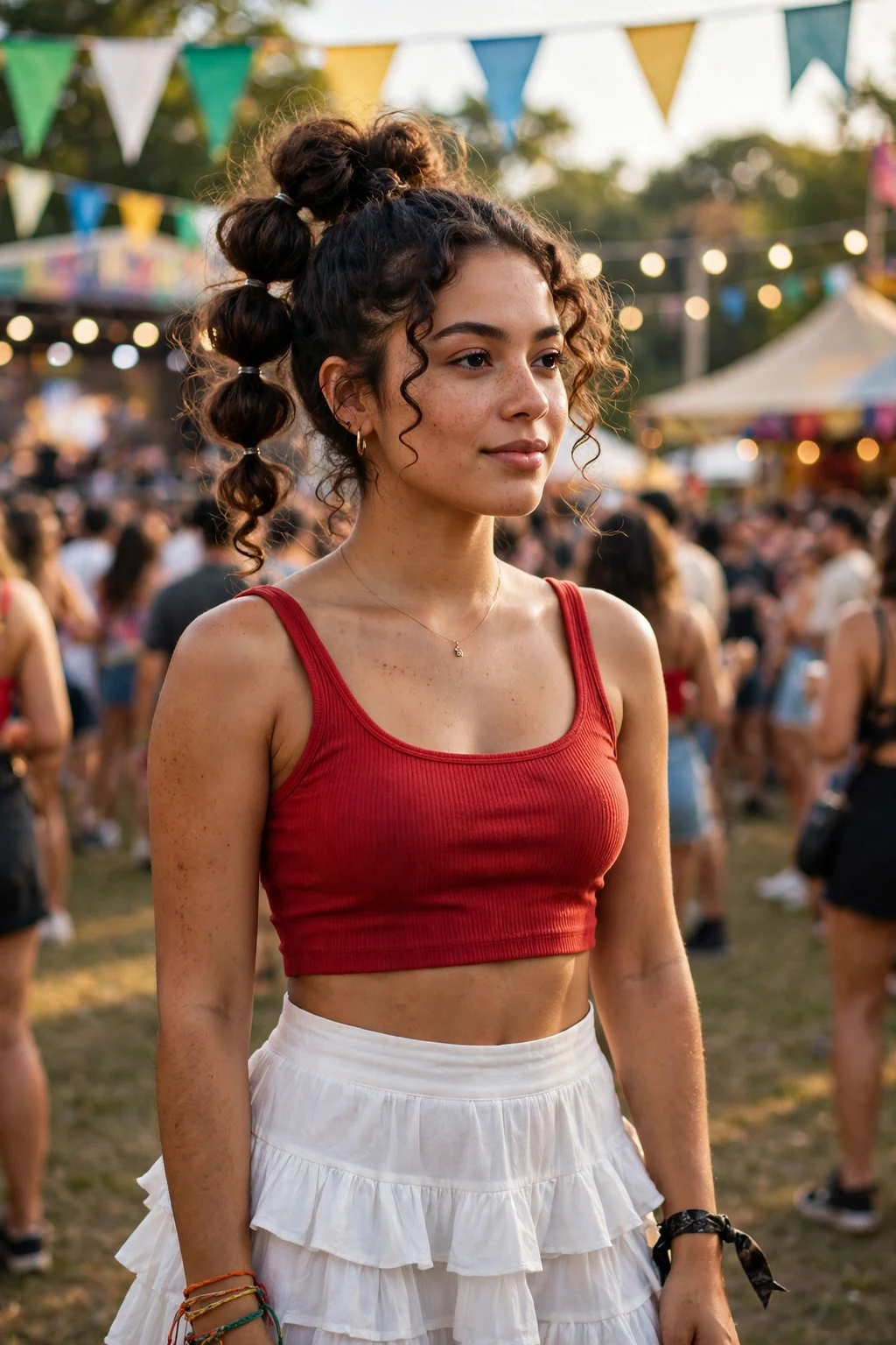 Young woman with a firework bubble ponytail at a summer festival.
