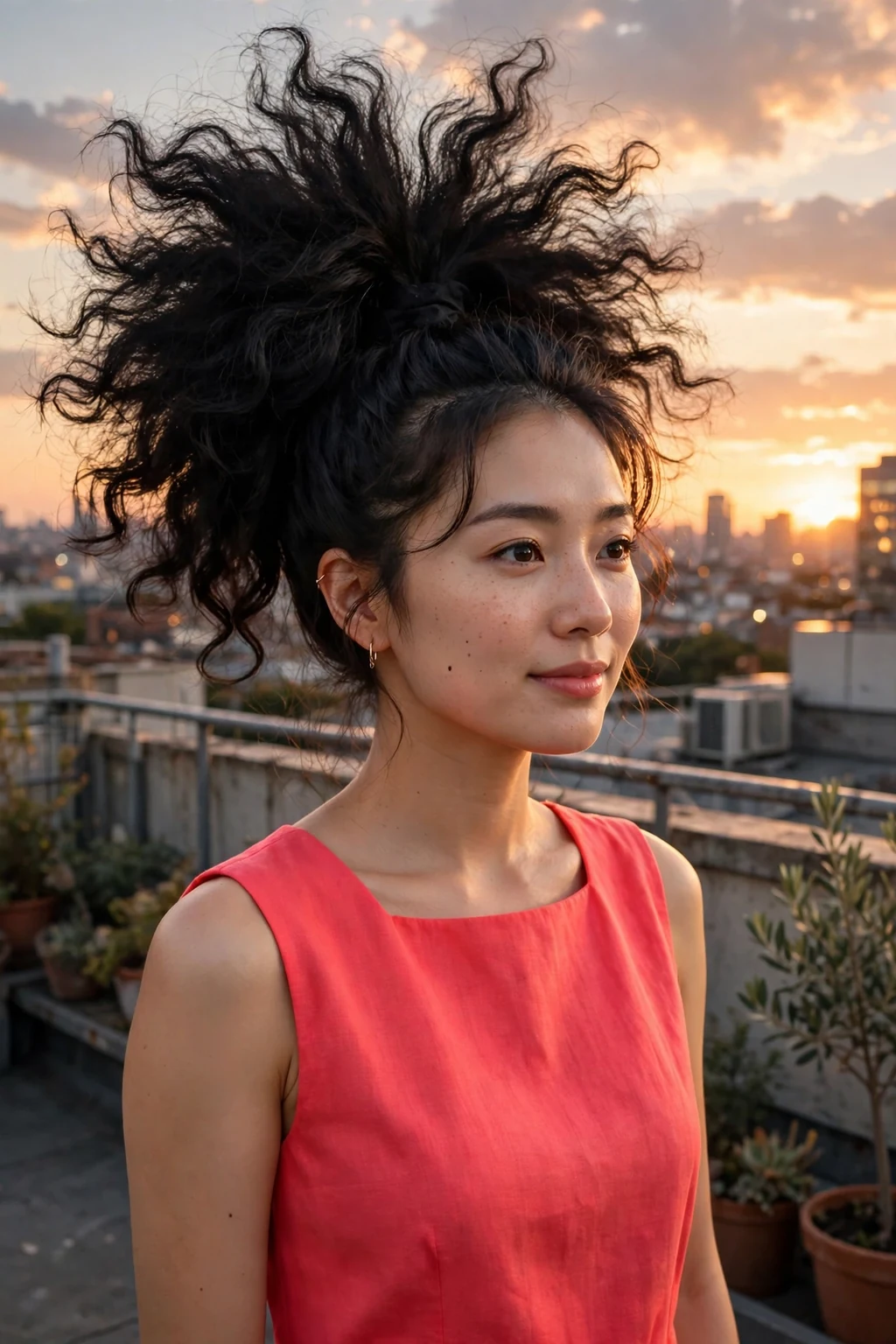 Young woman with a high firework ponytail and voluminous waves at a rooftop party.