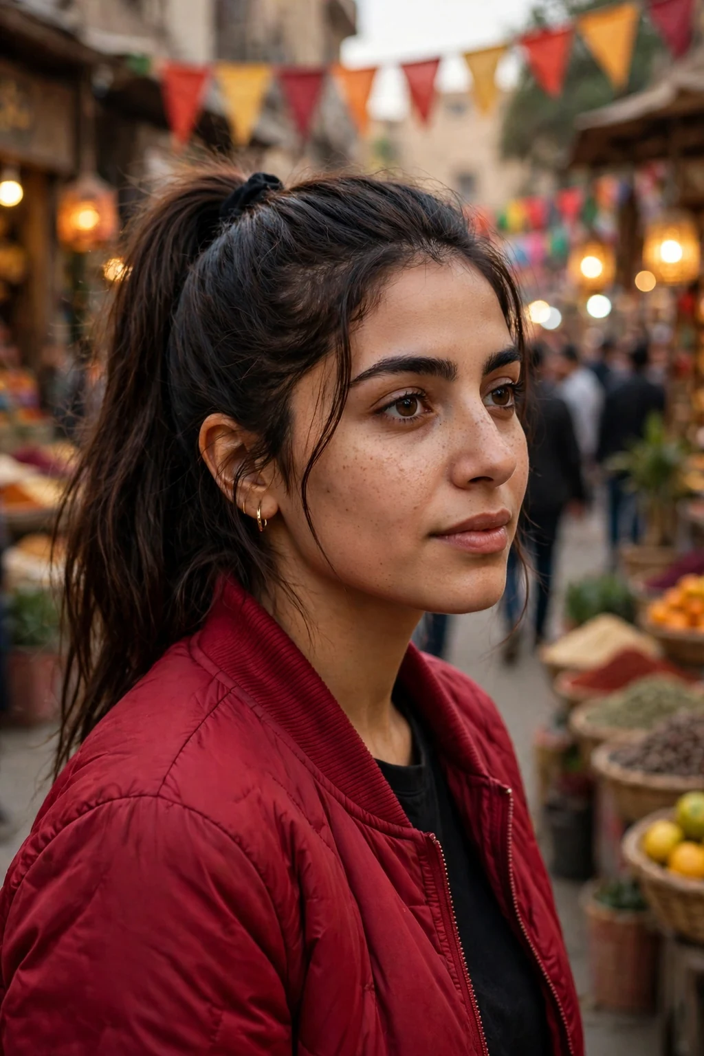 Young woman with a high ponytail wearing a crimson jacket at a lively street festival.
