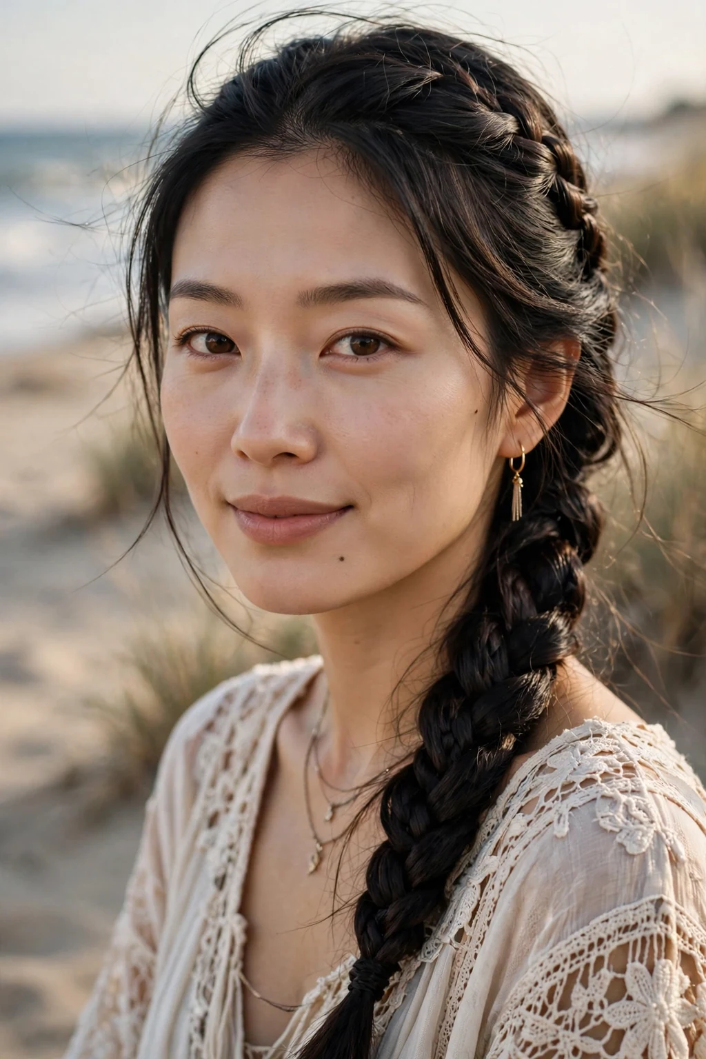 Beautiful woman with fishtail braid, intricate fishtail braid, detailed light.