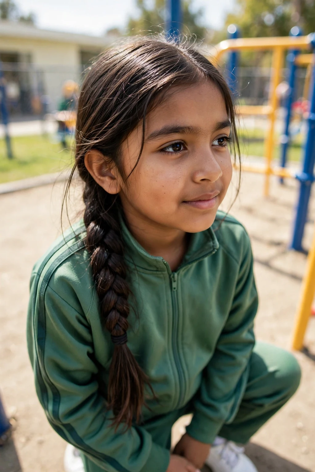 A schoolgirl with a fishtail braid and a green tracksuit on a playground.