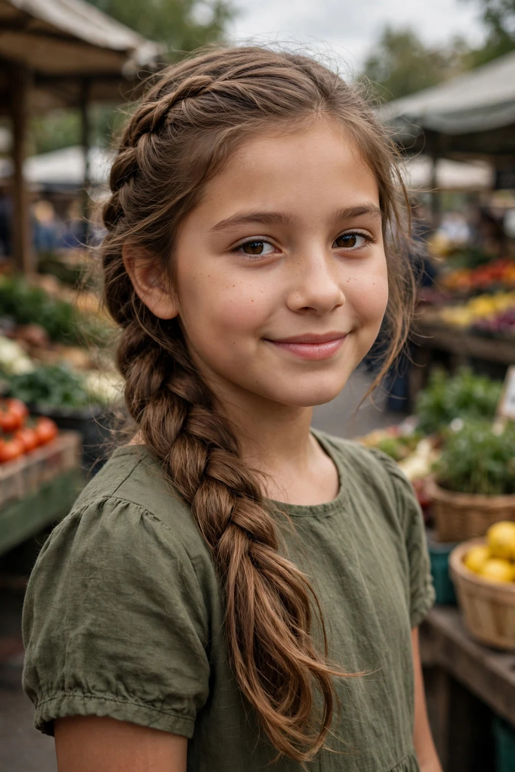 A young girl with a long fishtail braid over her shoulder at a farmers market.