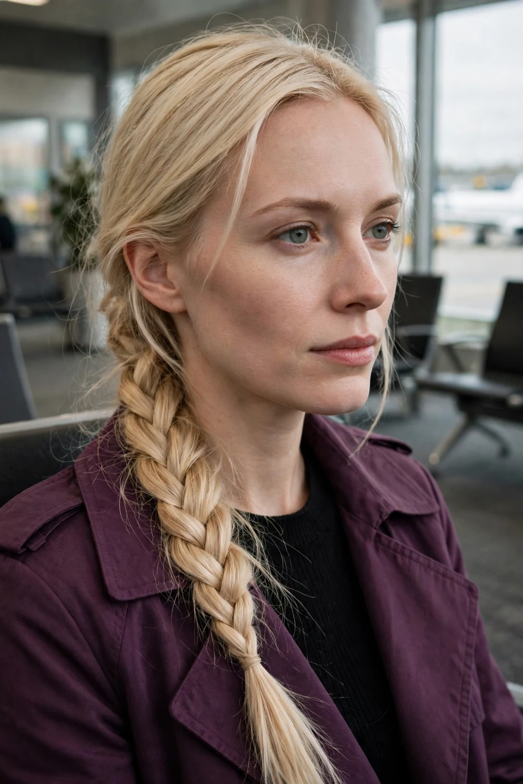 Young woman with a fishtail braid hairstyle boarding area, wearing a plum trench coat.