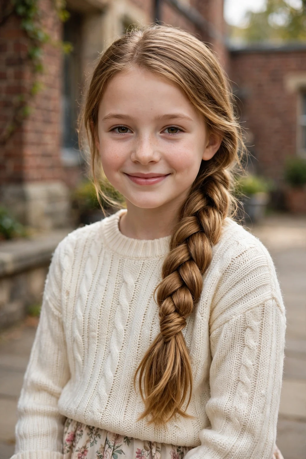 A young girl with a long fishtail braid over one shoulder smiling for her school picture.