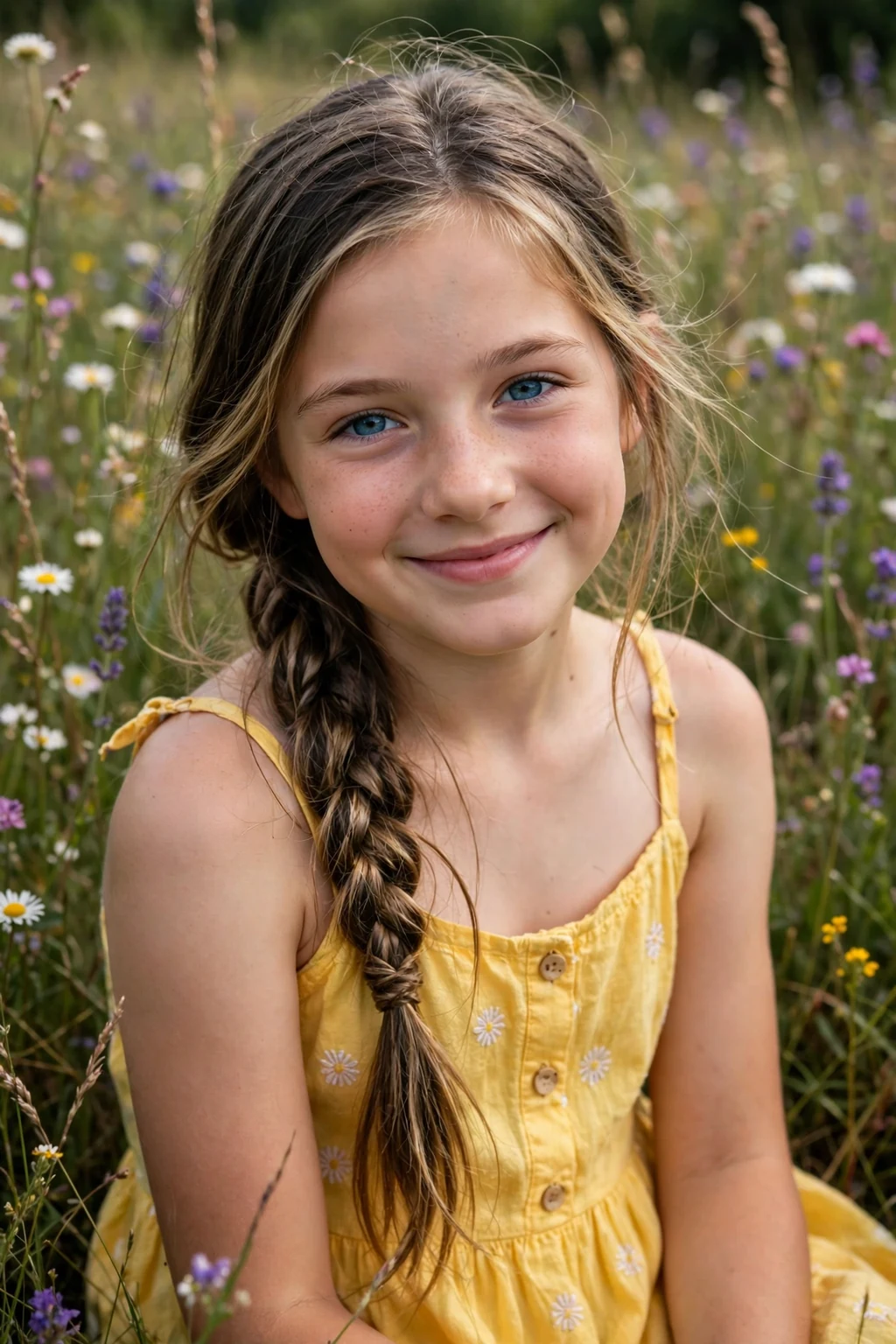A young girl with a long fishtail braid over one shoulder, wearing a yellow sundress in a meadow.