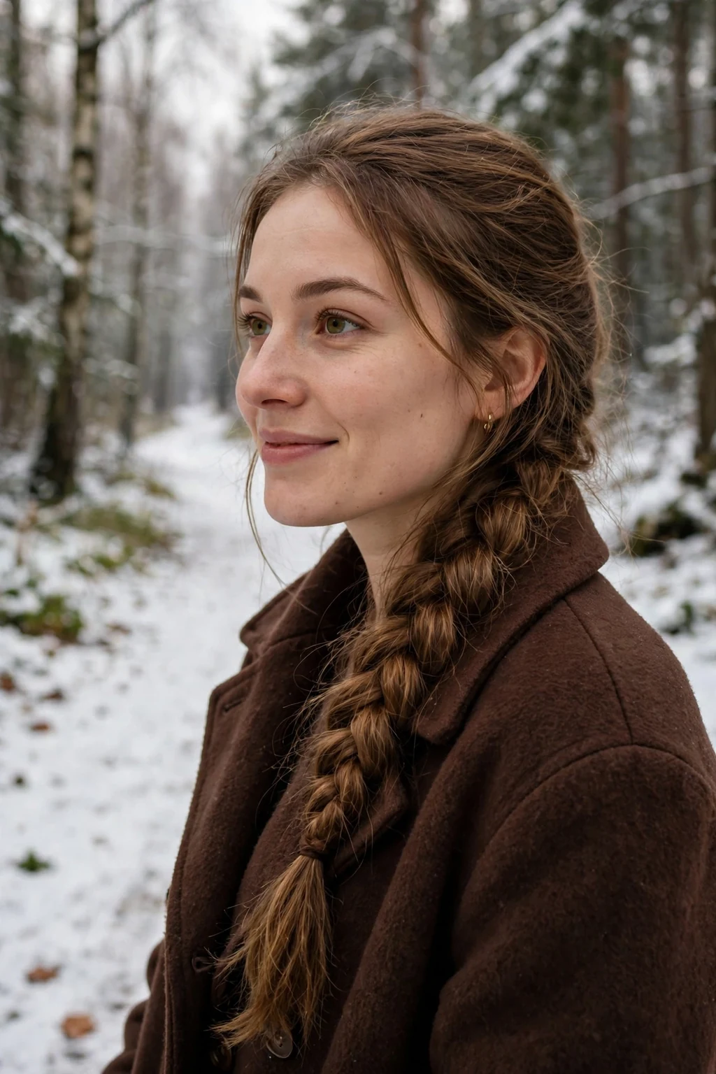 Young woman with a fishtail braid over one shoulder, wearing a camel-free chocolate brown coat in a snowy forest.