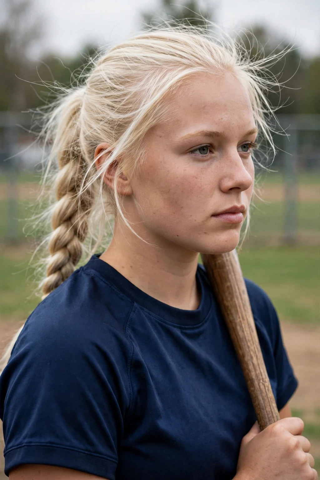 Young softball player with a fishtail braid ponytail, holding a bat.