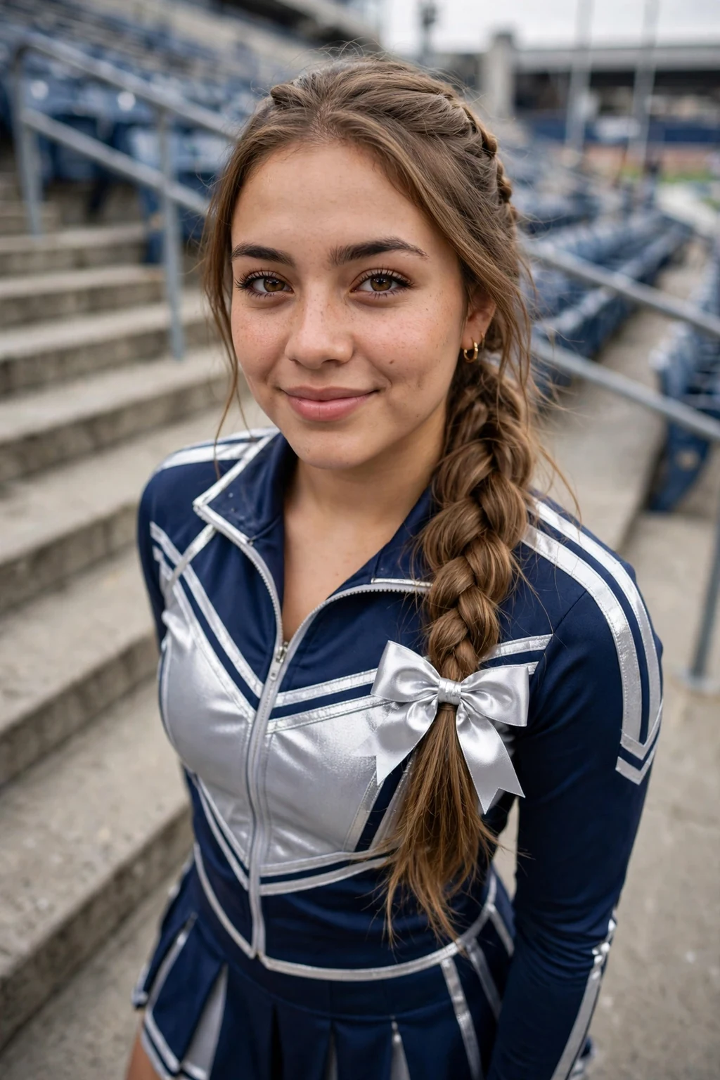 Young cheerleader with a fishtail braid ponytail and a silver bow, on a stadium staircase.