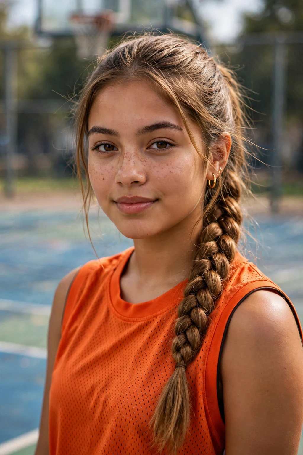 Young woman athlete with a fishtail braid ponytail, wearing an orange jersey.