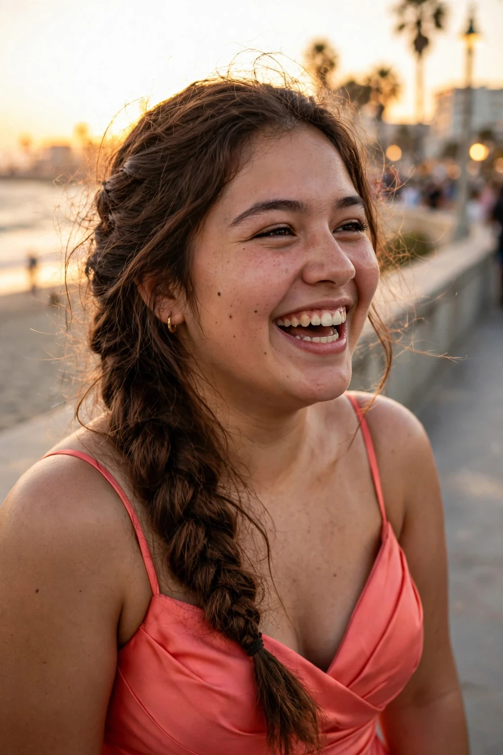 A young woman with long hair in a loose fishtail braid with soft pulled-apart texture.