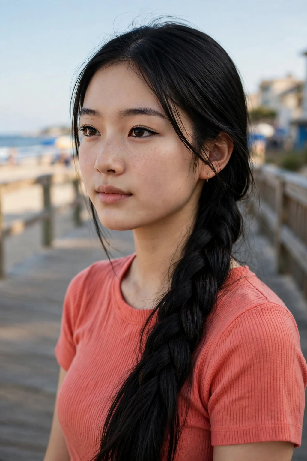 A young woman with an intricate fishtail braid over her shoulder, wearing a coral top at a beach boardwalk.