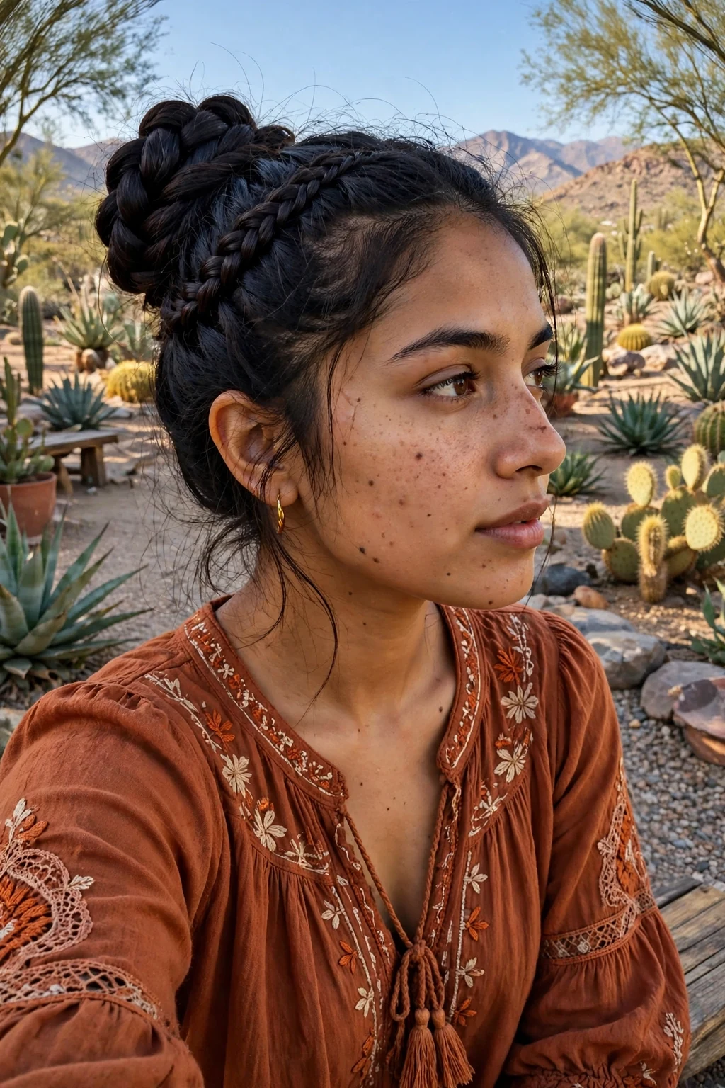 A young woman with a fishtail braid updo coiled into a bun, intricate woven texture, in a bohemian outdoor setting.
