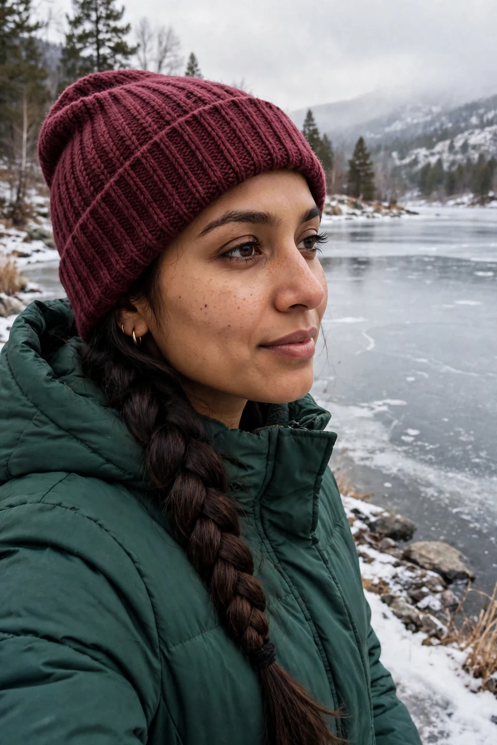 Young woman with a fishtail braid over her shoulder under a cream-free maroon beanie by a frozen lake.