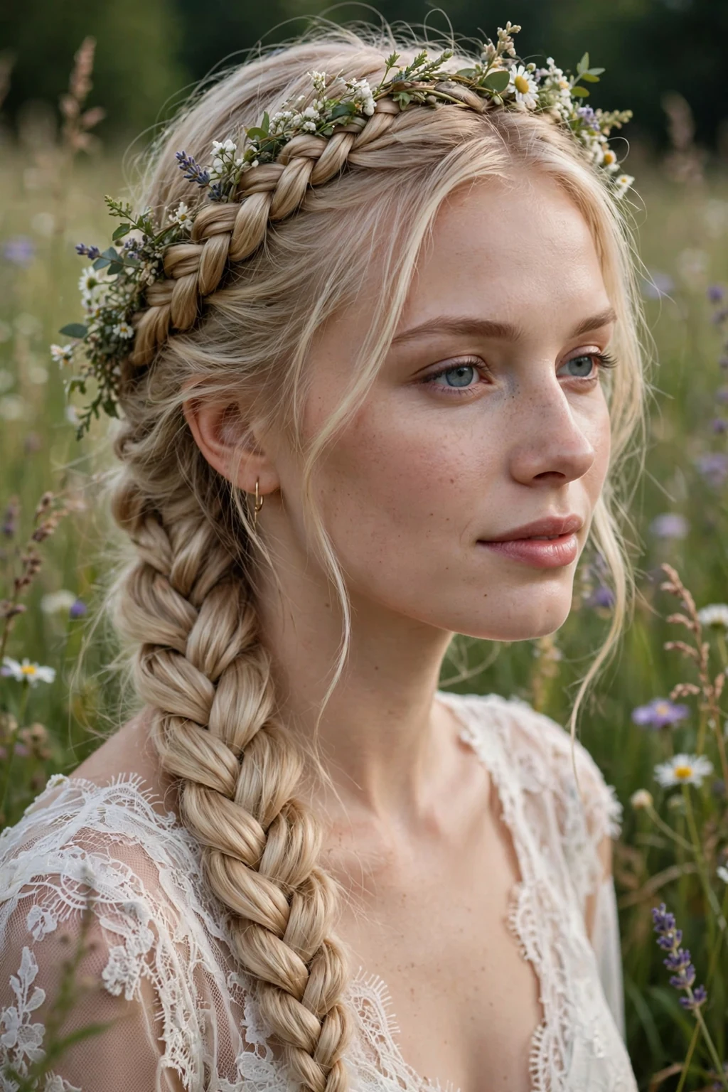 Beautiful bride with fishtail braid, intricate fishtail braid, boho light.