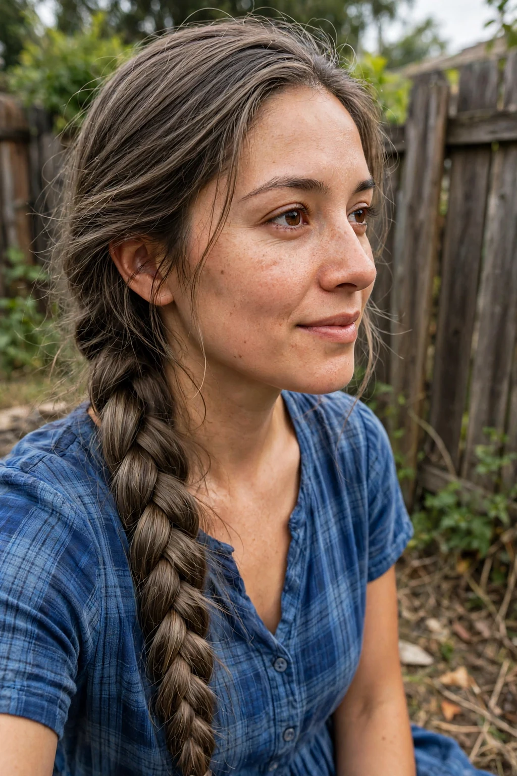 Young woman with a fishtail cowgirl braid, wearing a plaid dress beside a fence.