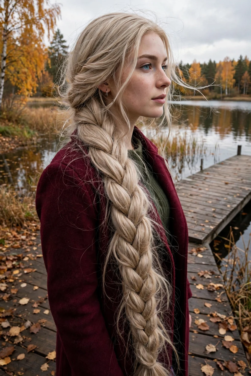 A young Swedish woman in her mid 20s with very long ash-blonde hair in a fishtail braid, wearing a burgundy wool coat beside a lakeside dock.