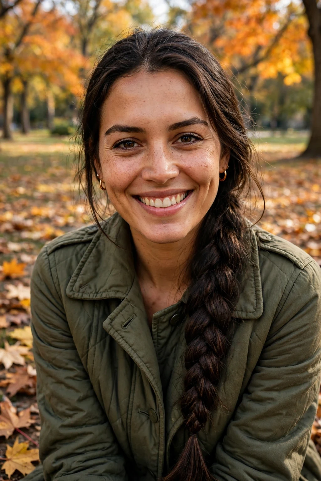 Young woman with a fishtail side braid hairstyle walking in an autumn park.