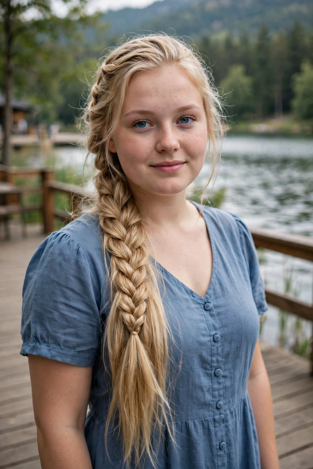 Young woman with a fishtail side braid hairstyle at a wedding, wearing a dusty blue dress.
