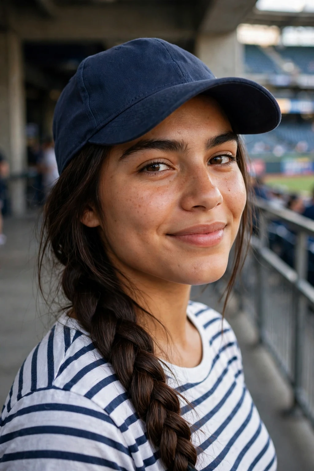 Young woman at a baseball stadium in a cap with a long fishtail side braid.