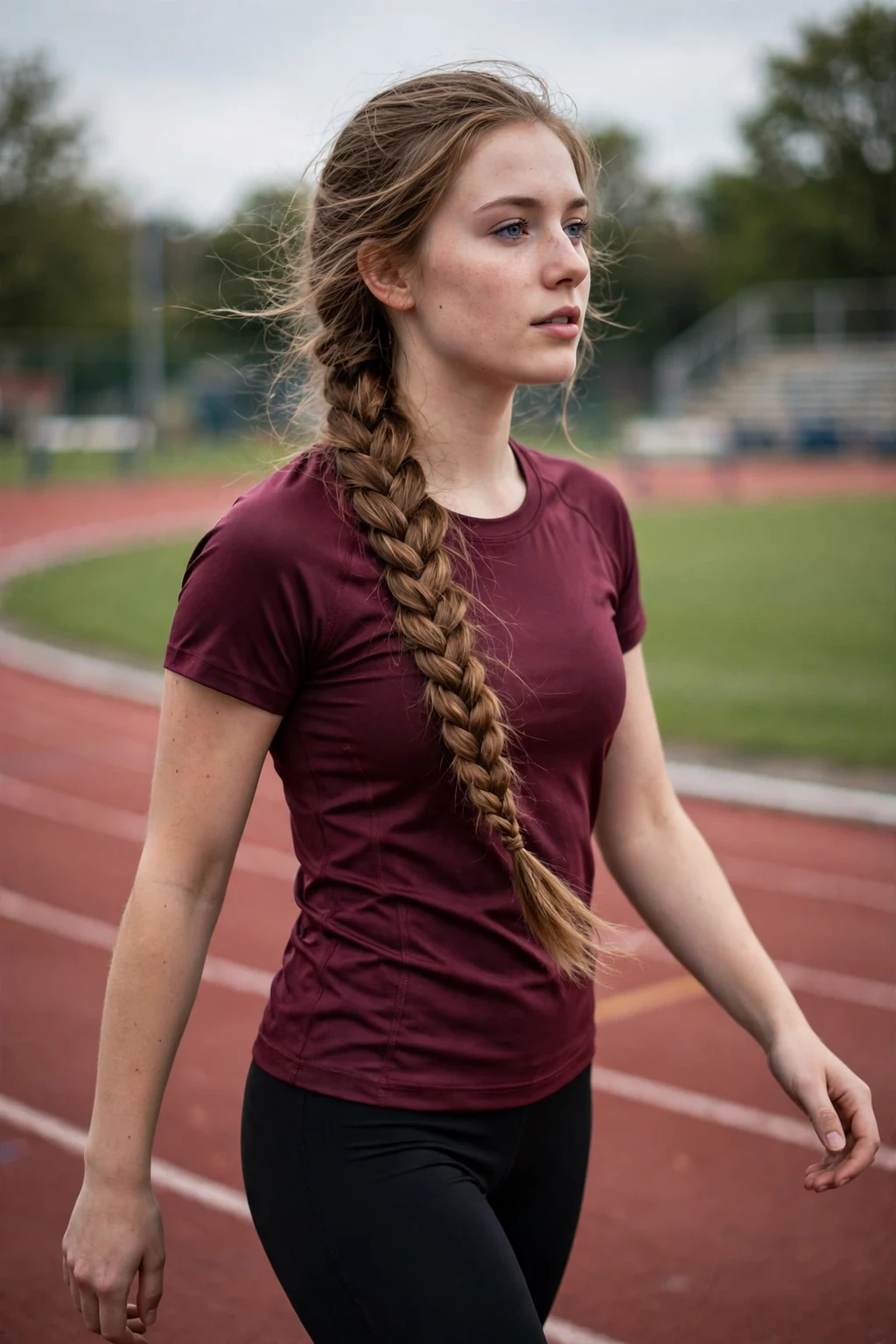 A young woman athlete with a fishtail side braid on a track.