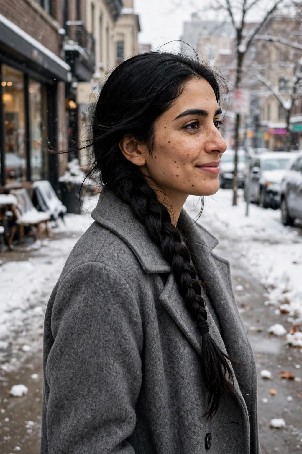 Young woman with a fishtail winter braid hairstyle, wearing a gray coat on a snowy sidewalk.