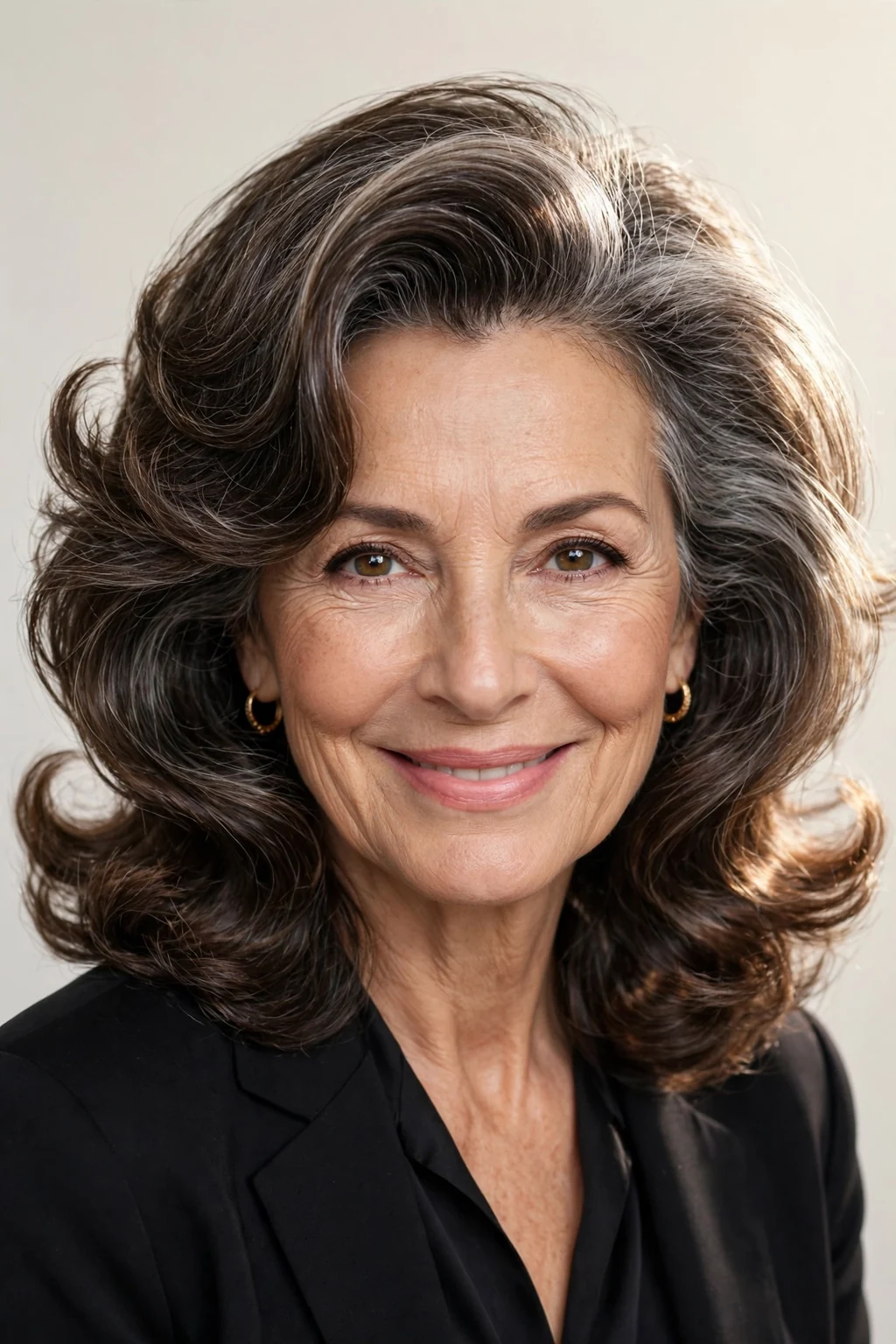 Elegant woman over 50 with flipped-end blowout, bouncy polished ends, playful refined light.