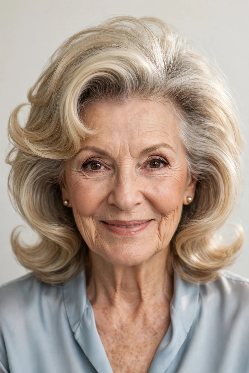 Elegant woman over 60 with flipped-end blowout, bouncy polished ends, playful refined light.