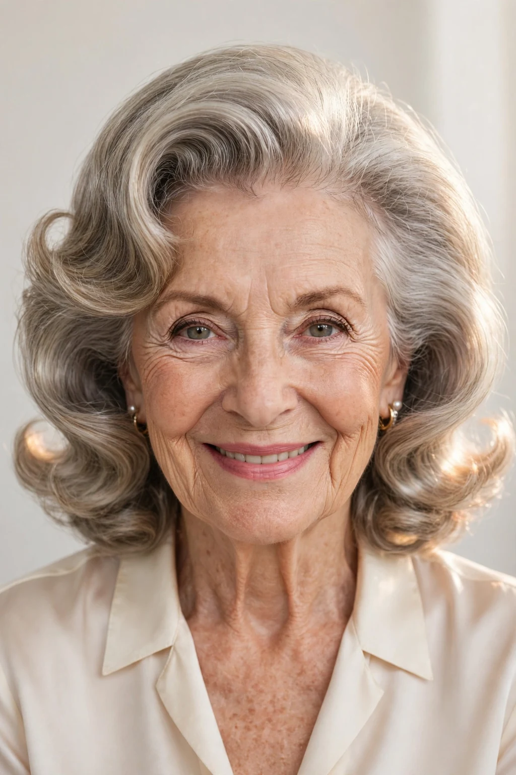 Elegant woman over 70 with flipped-end blowout, bouncy polished ends, playful refined light.