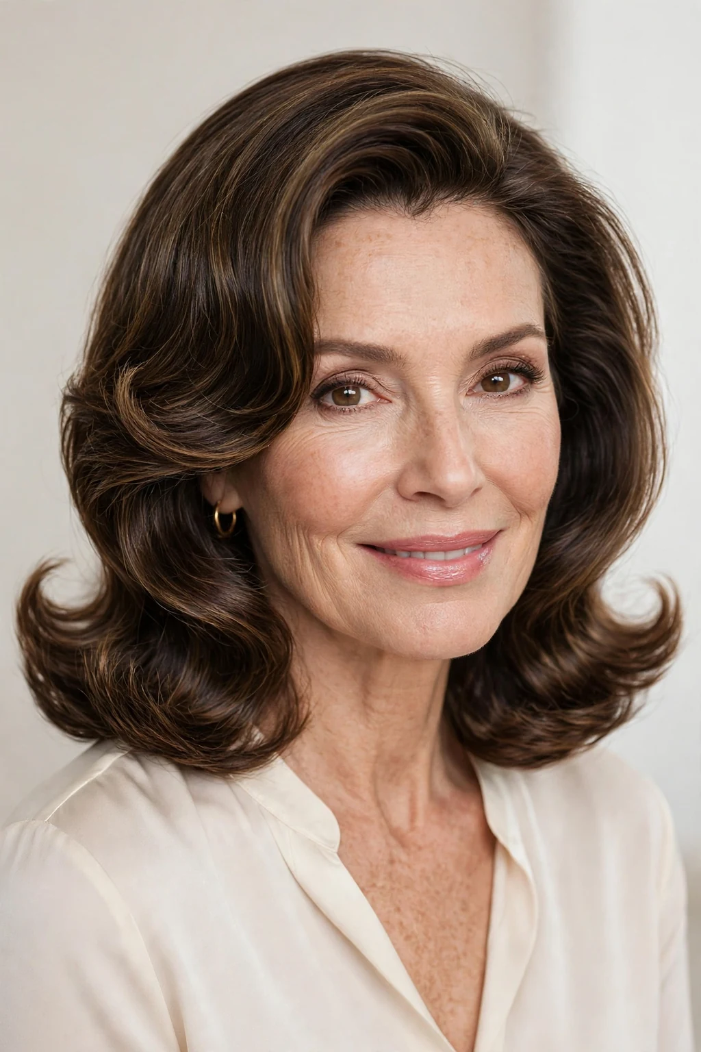 Elegant older woman with flipped-end shoulder blowout, bouncy polished ends, playful light.