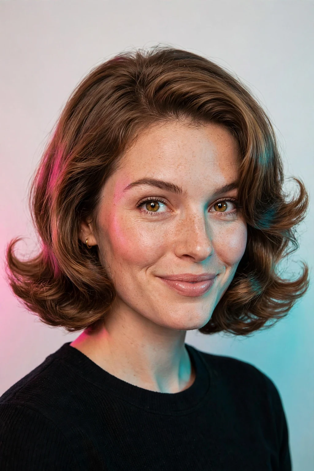 Woman with flipped medium cut, bouncy flipped-out ends, playful retro light.