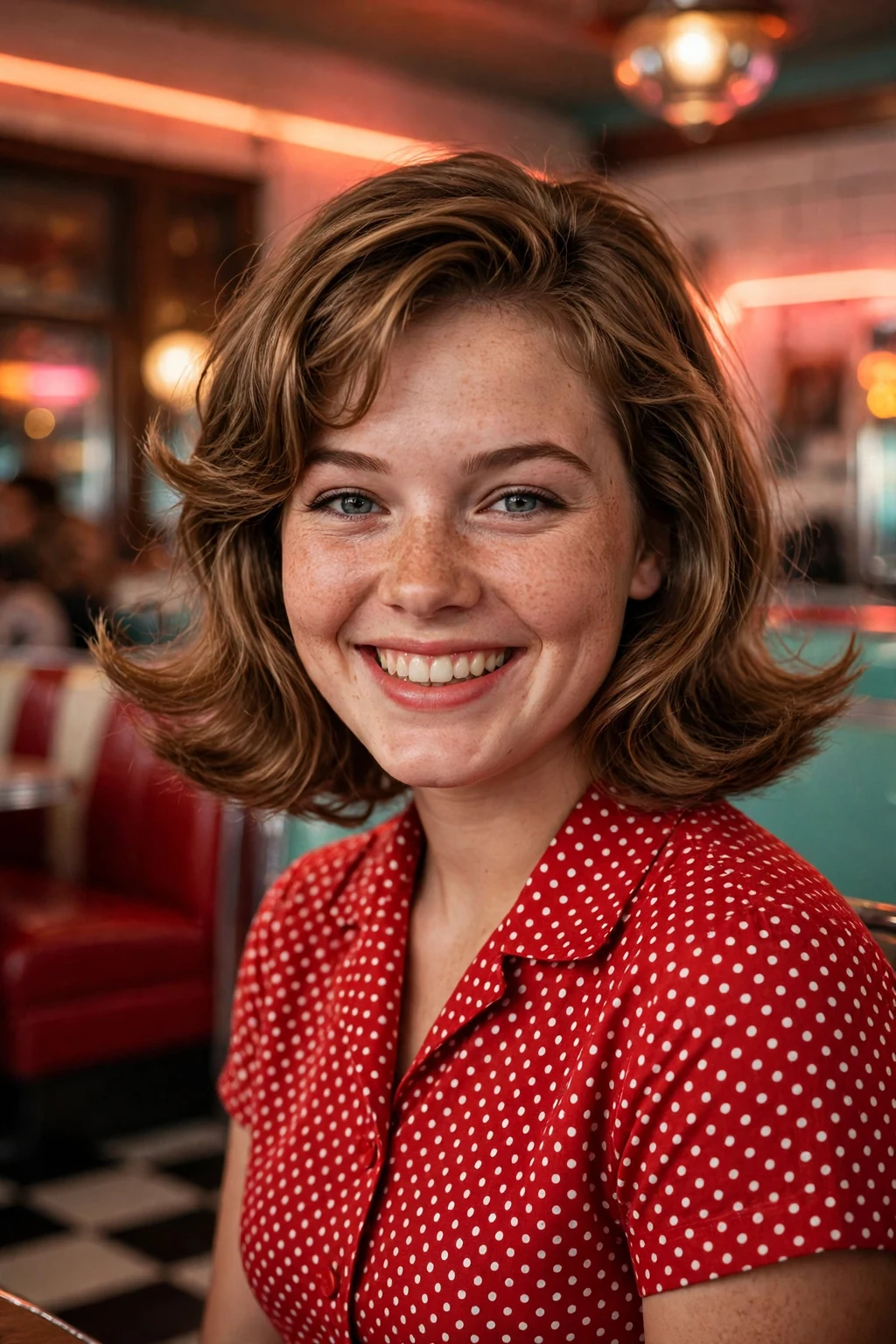 Young woman with flippy medium layers, standing in a retro diner wearing a red polka dot dress.
