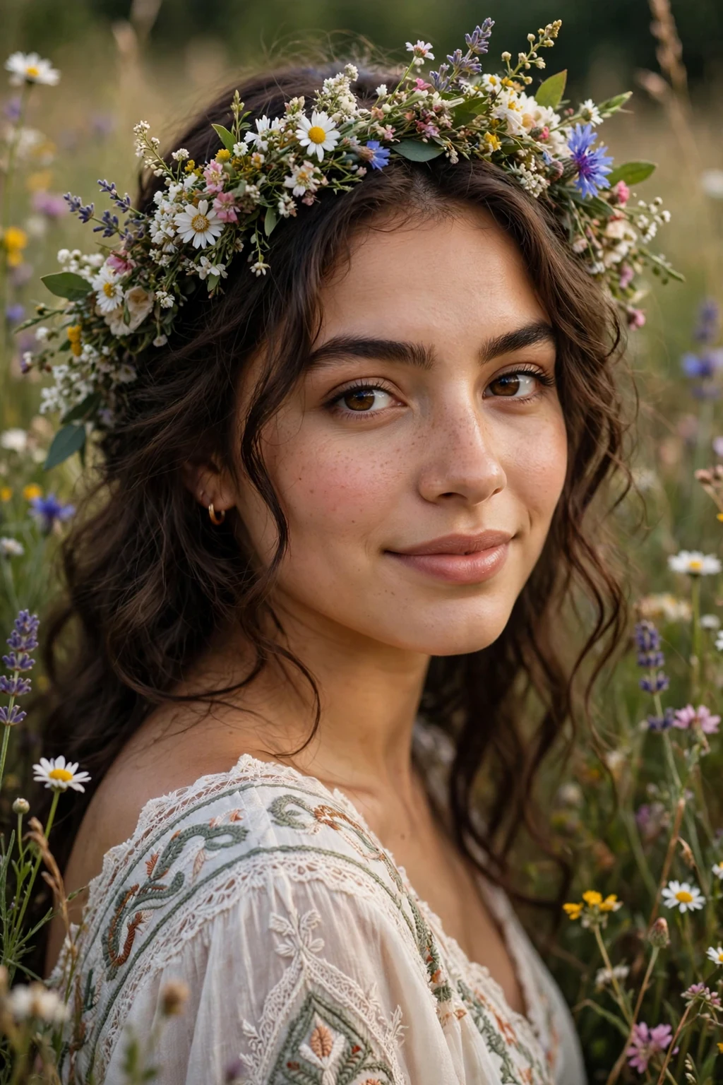 Beautiful bride with crown with flowers, floral crown bridal, whimsical light.