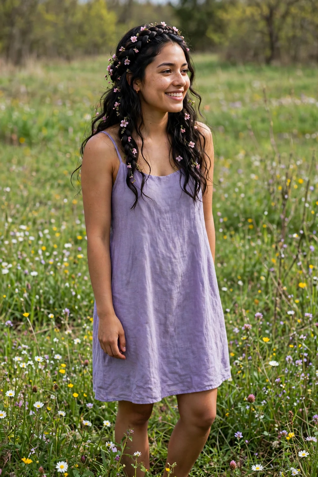 Young woman wearing a flower crown braid with loose waves, in a spring meadow wearing a lavender dress.