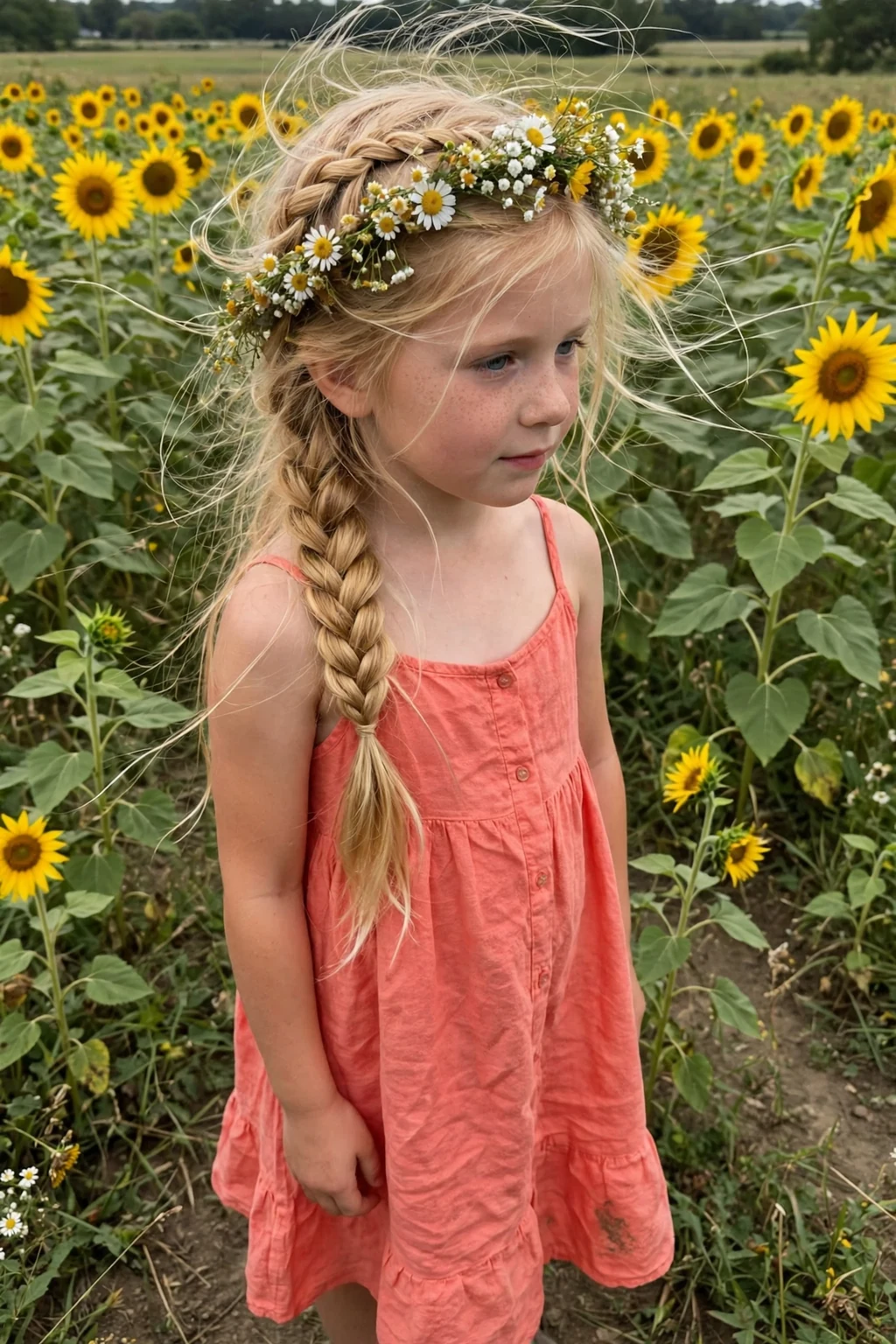 A young girl with a waterfall braid and a flower crown in a sunflower field.