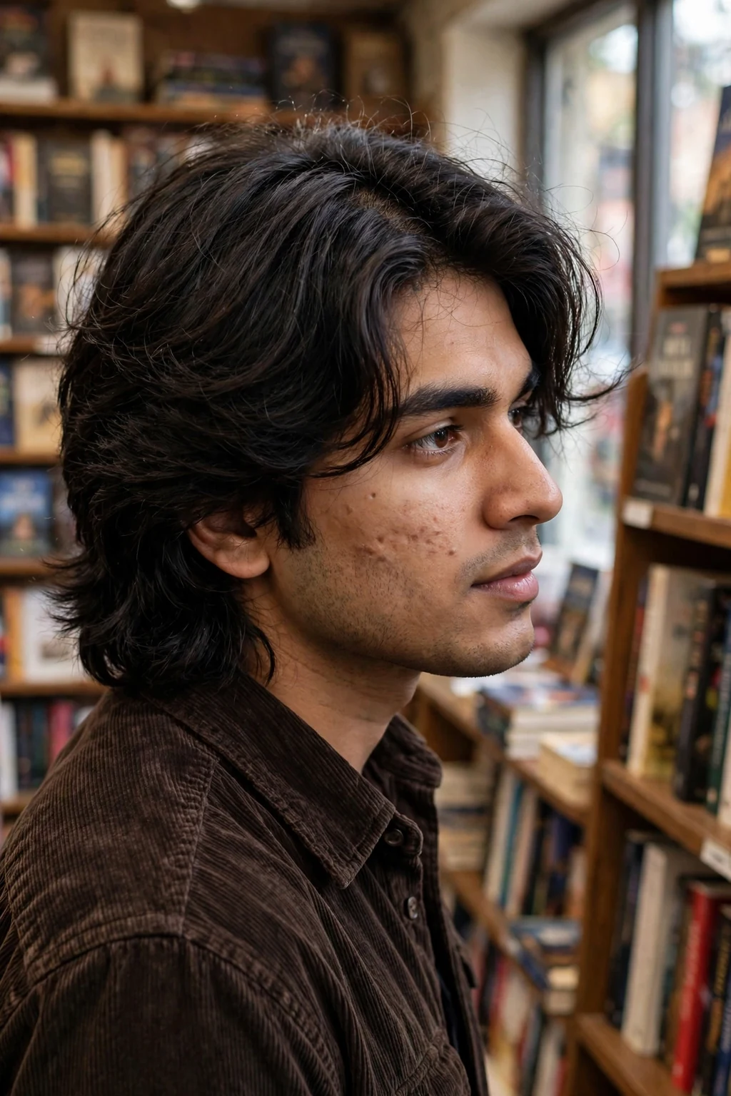 Young man with a flowing curtain haircut for thick hair, browsing shelves in a bookshop in a dark brown corduroy shirt.