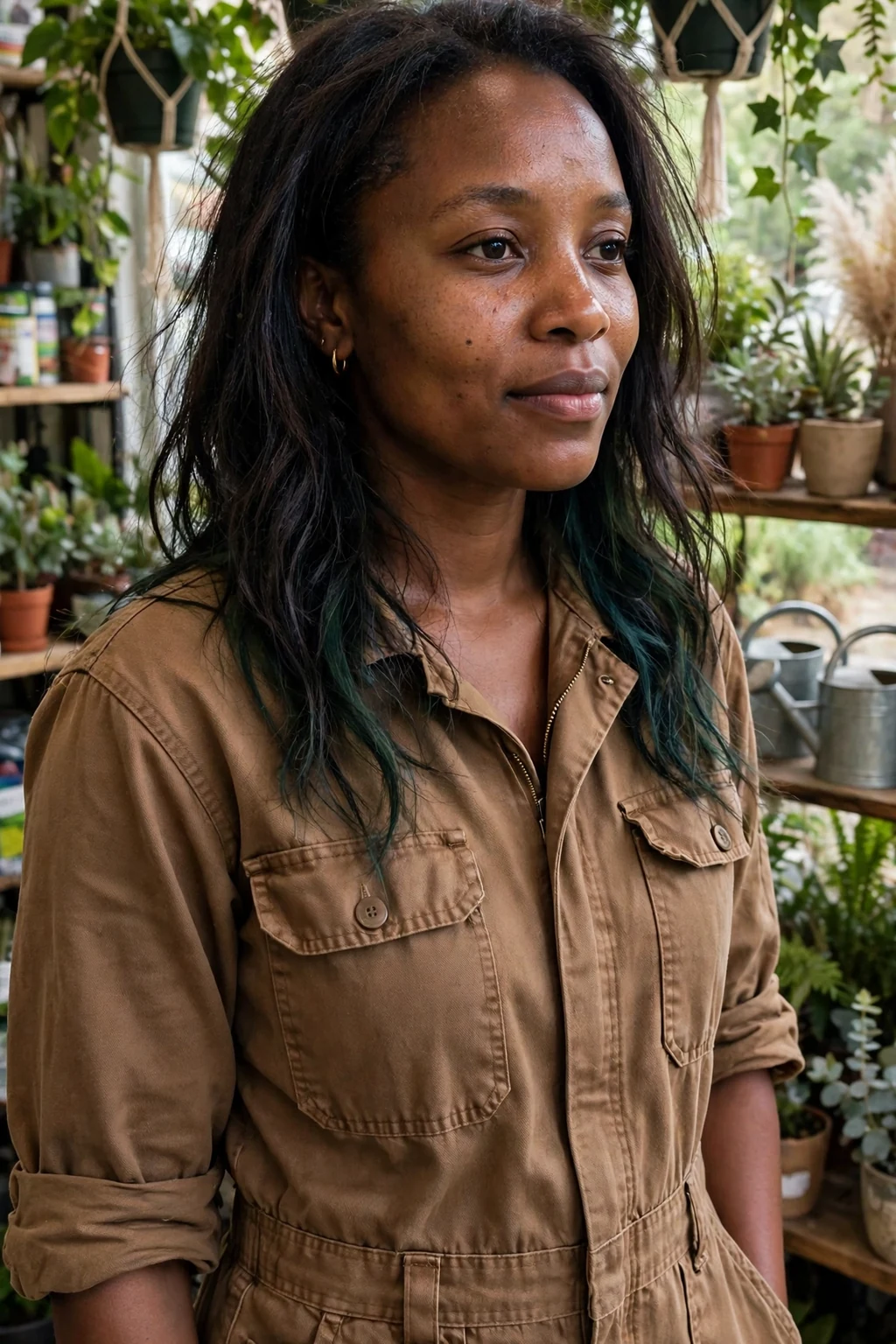 Young woman with forest green peekaboo highlights in a plant shop wearing a brown jumpsuit.