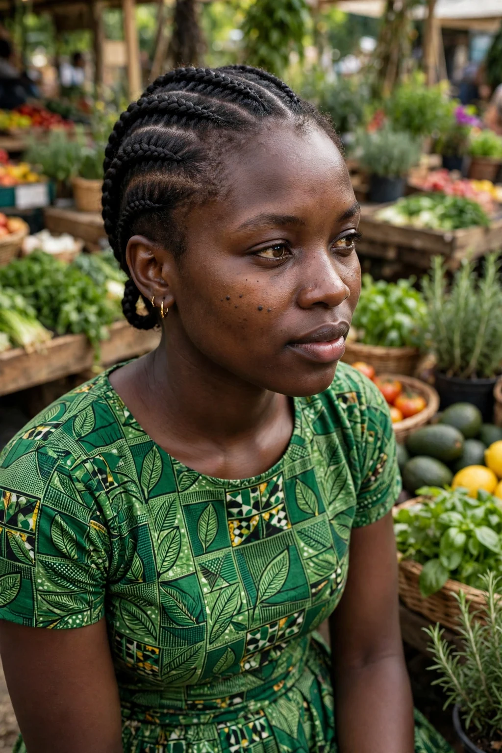 Young African woman with four cornrows in a garden market, wearing a green patterned skirt set.