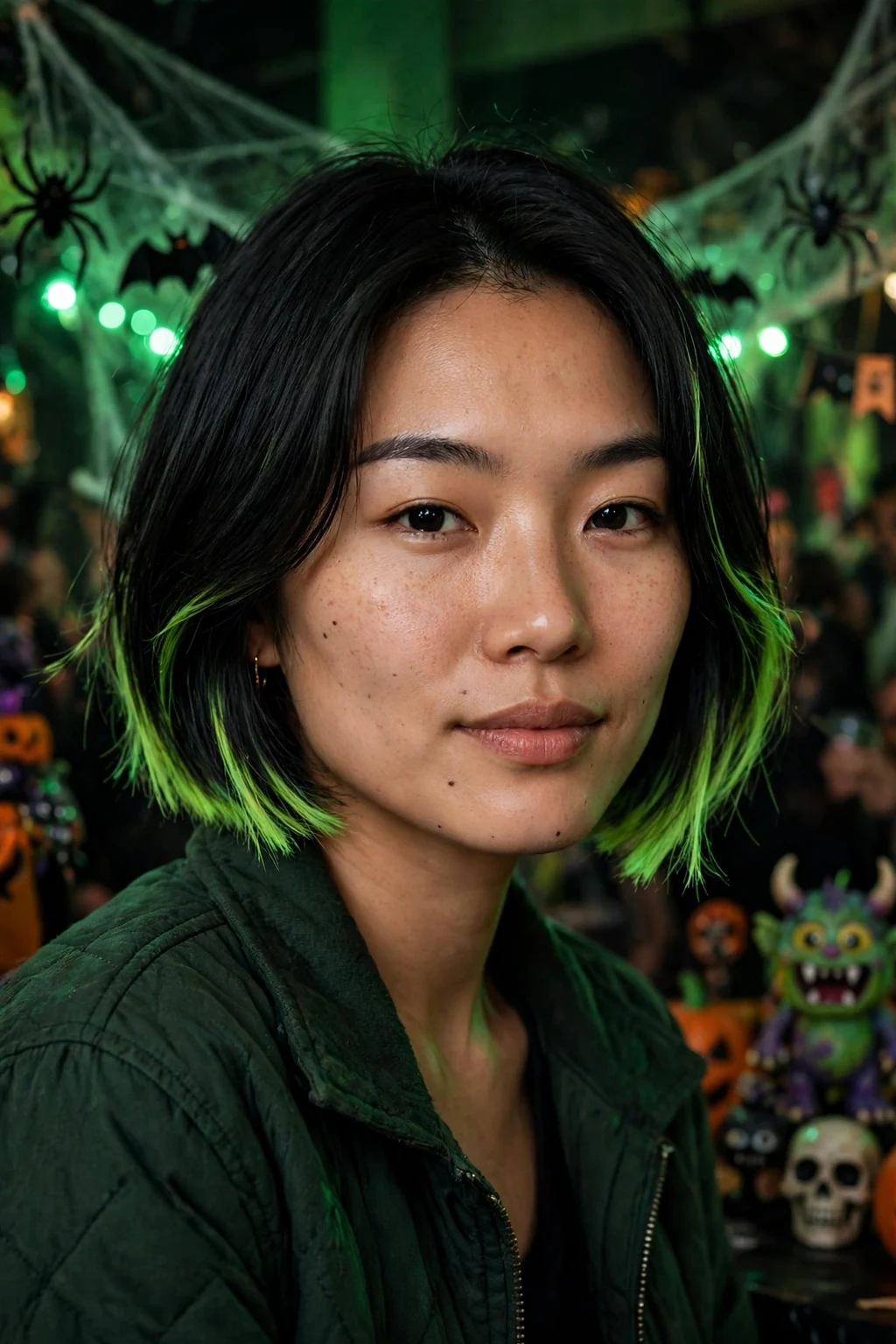 Young woman with a short black bob with neon green tips, wearing a dark green jacket and bolts necklace at a monster-themed Halloween party.