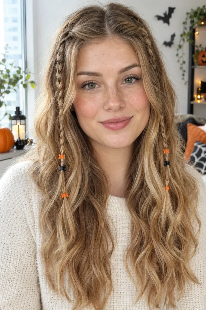 Young woman with long honey-blonde wavy hair and four tiny face-framing braids decorated with black and burnt-orange clips, wearing a cream knit top in a bright Halloween-decorated apartment.