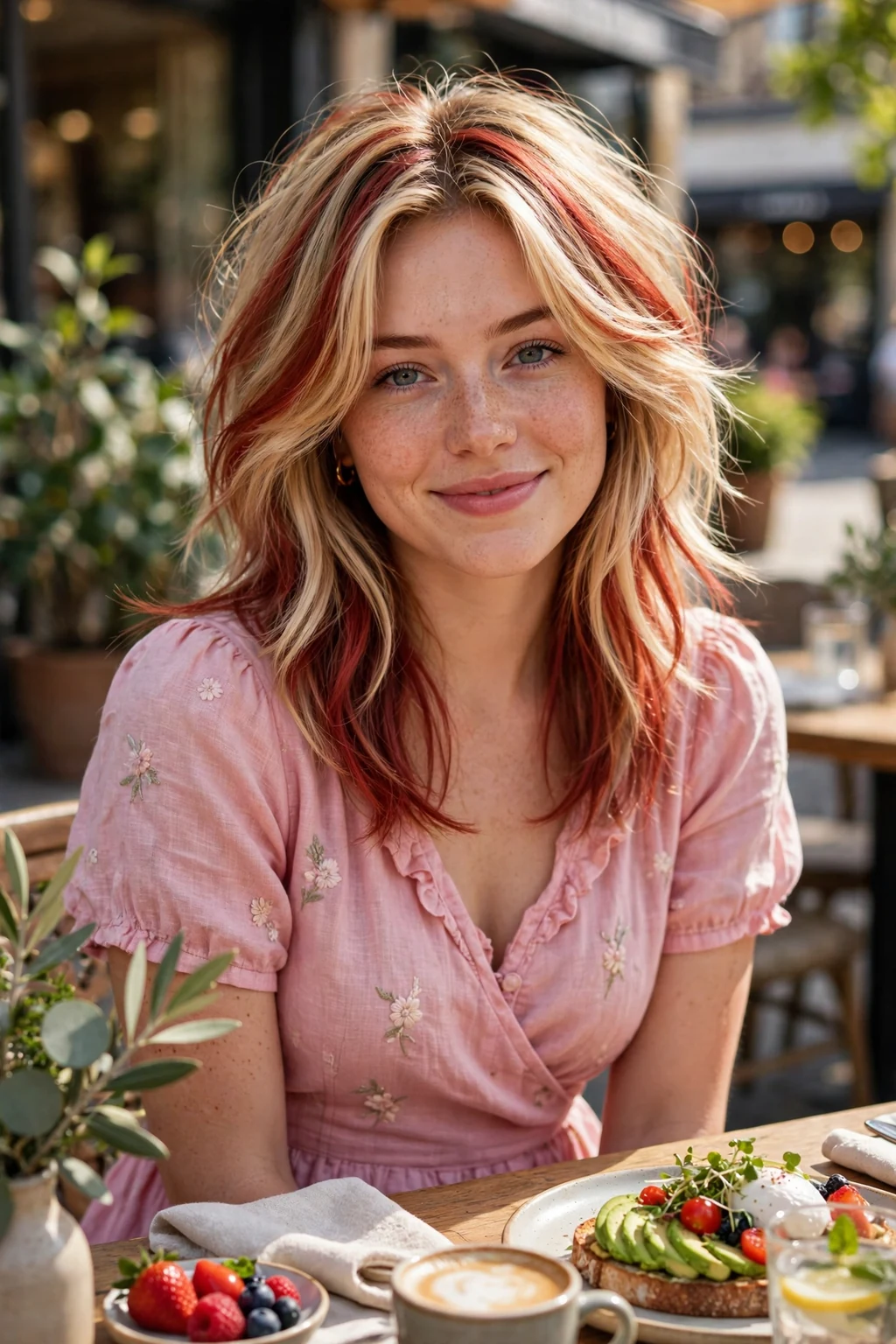 Young woman with feathered layers and red and blonde highlights at a brunch.
