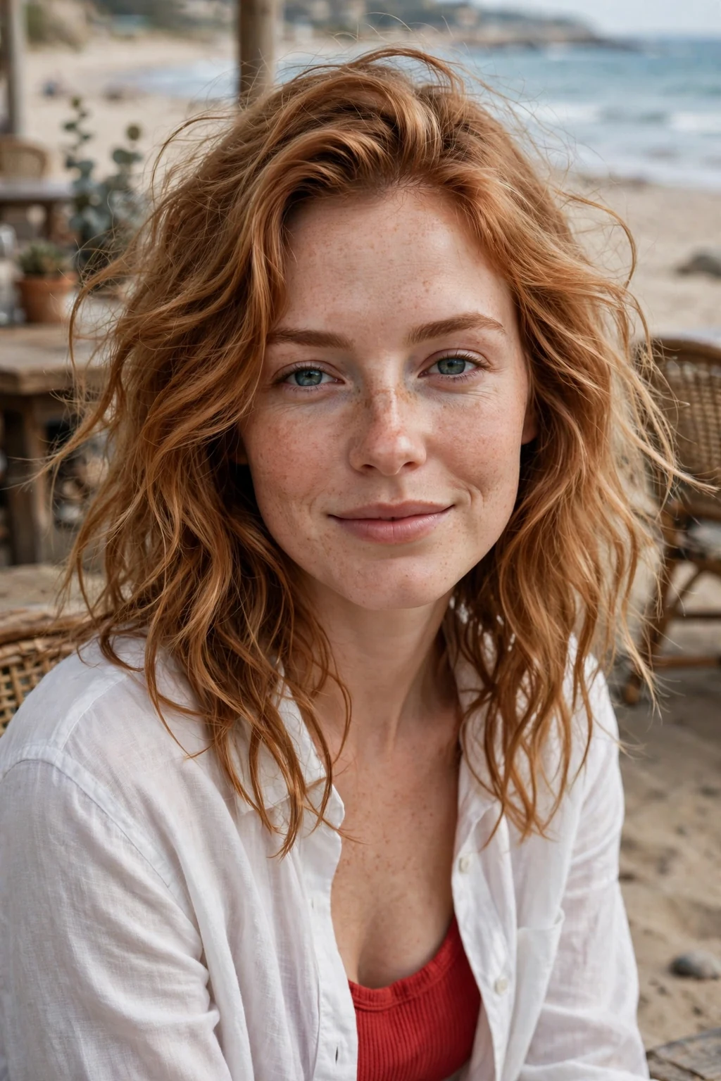 Young woman with freehand beach waves, wearing a white linen shirt over a red top at a beach cafe.