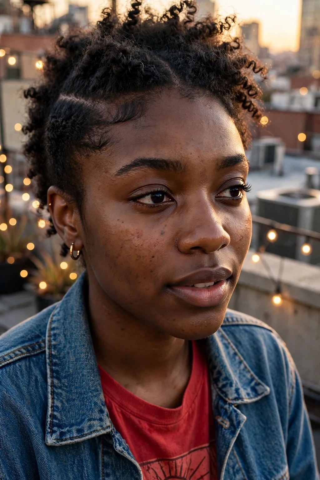 Young woman with a freehand curly frohawk, wearing a denim jacket over a red graphic tee on a city rooftop.