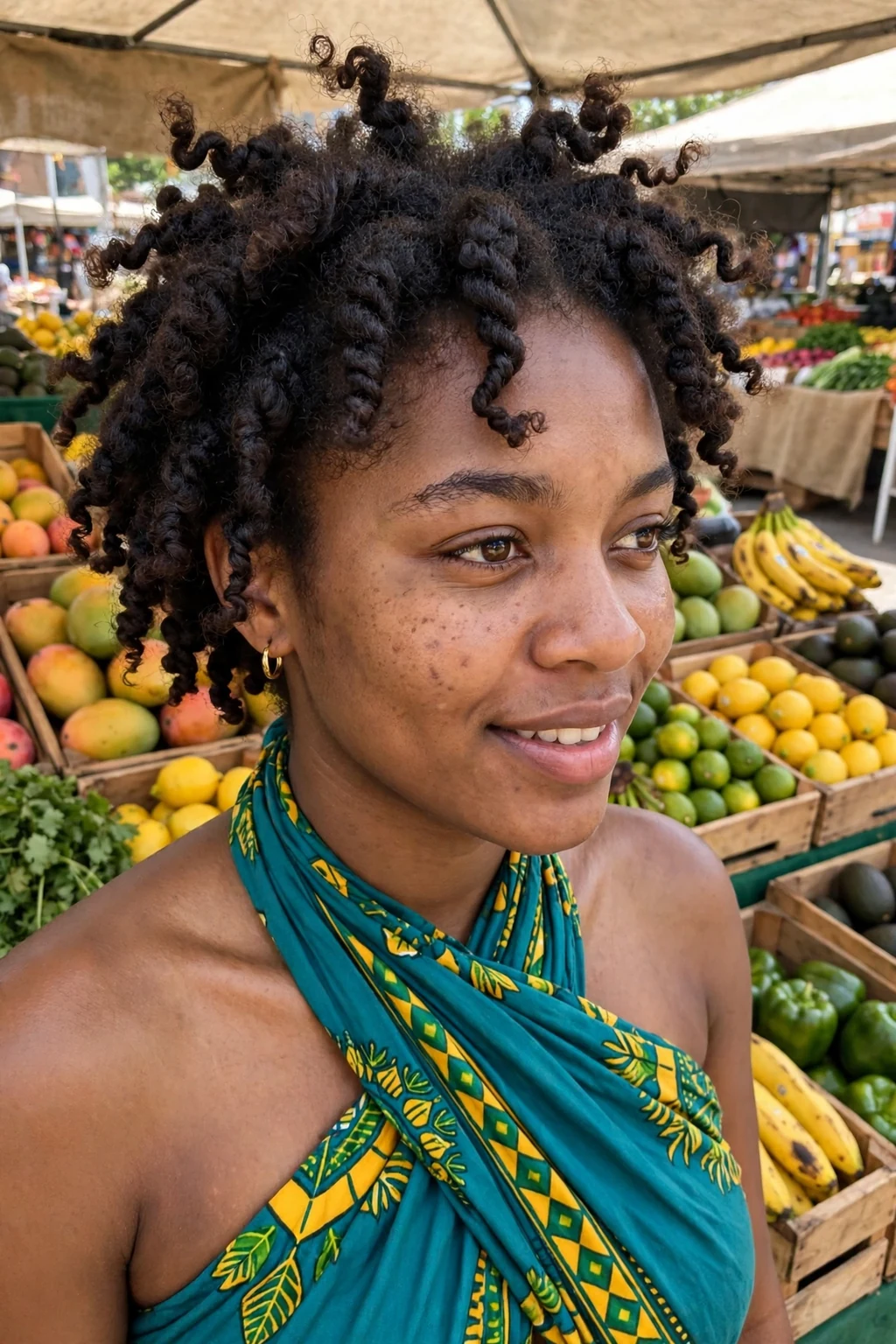 Young woman with a freehand defined twist-out, wearing a teal top at a farmers market stall with fruit crates.