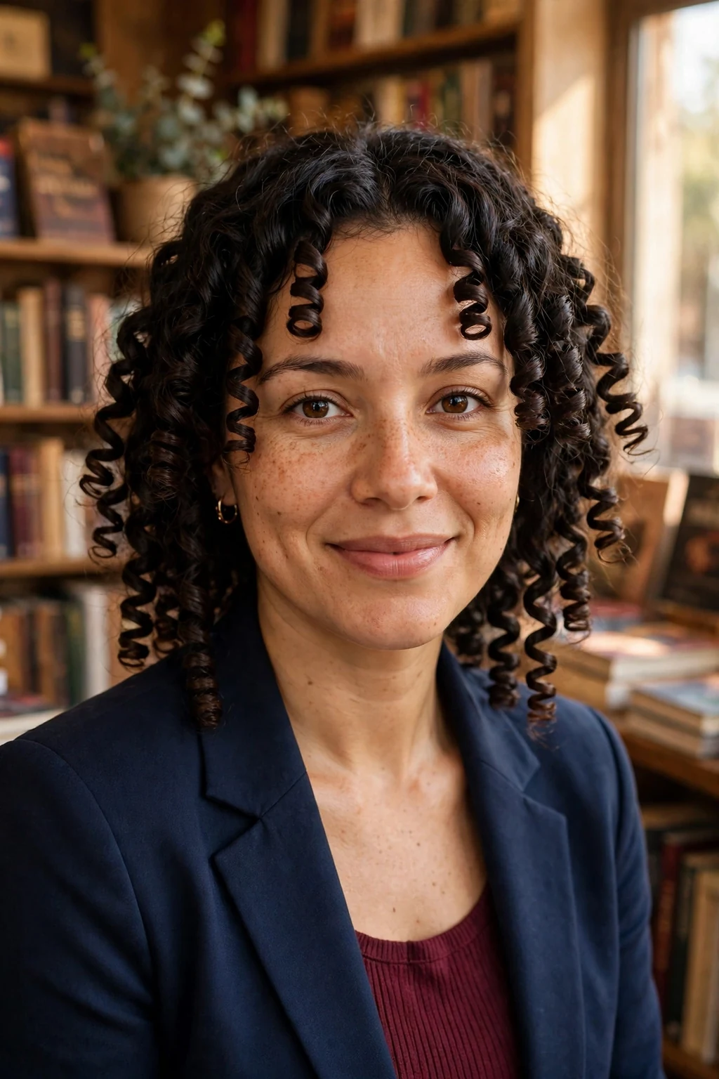 Young woman with freehand finger curls, wearing a navy blazer over a burgundy top in a bookshop.