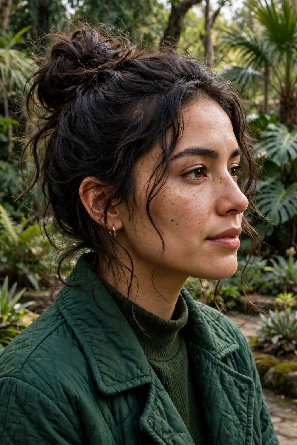 Young woman with a freehand messy bun, wearing a forest green coat in a botanical garden.