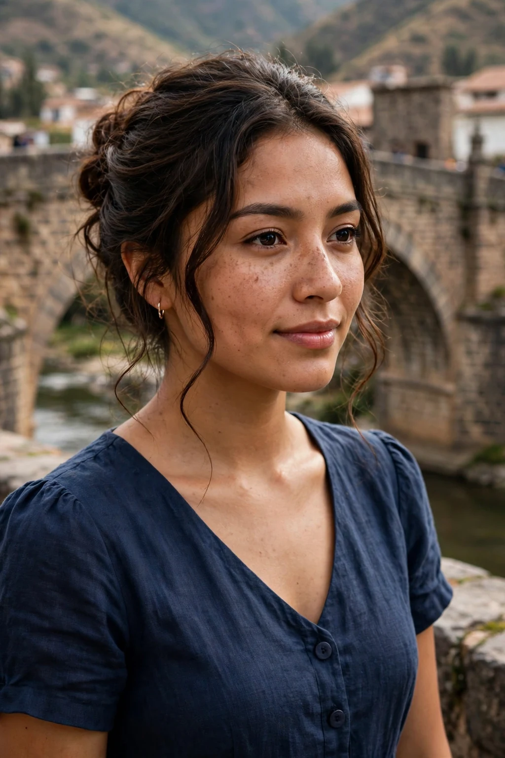 Young woman with a freehand soft updo, wearing a navy dress at a historic bridge.
