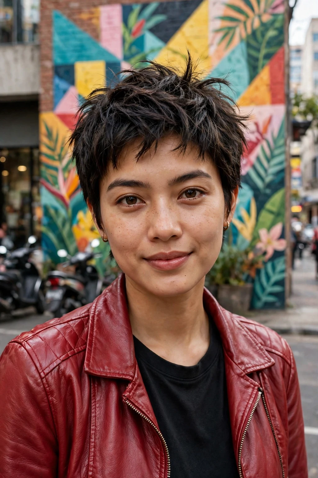 Young woman with a freehand textured pixie, wearing a red leather jacket on a downtown mural street.