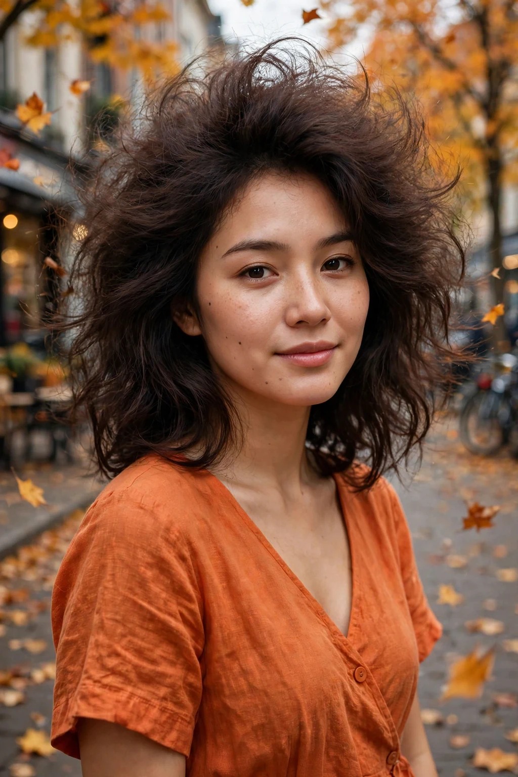 Young woman with a freehand voluminous fluffed style, wearing an orange dress on an autumn street.