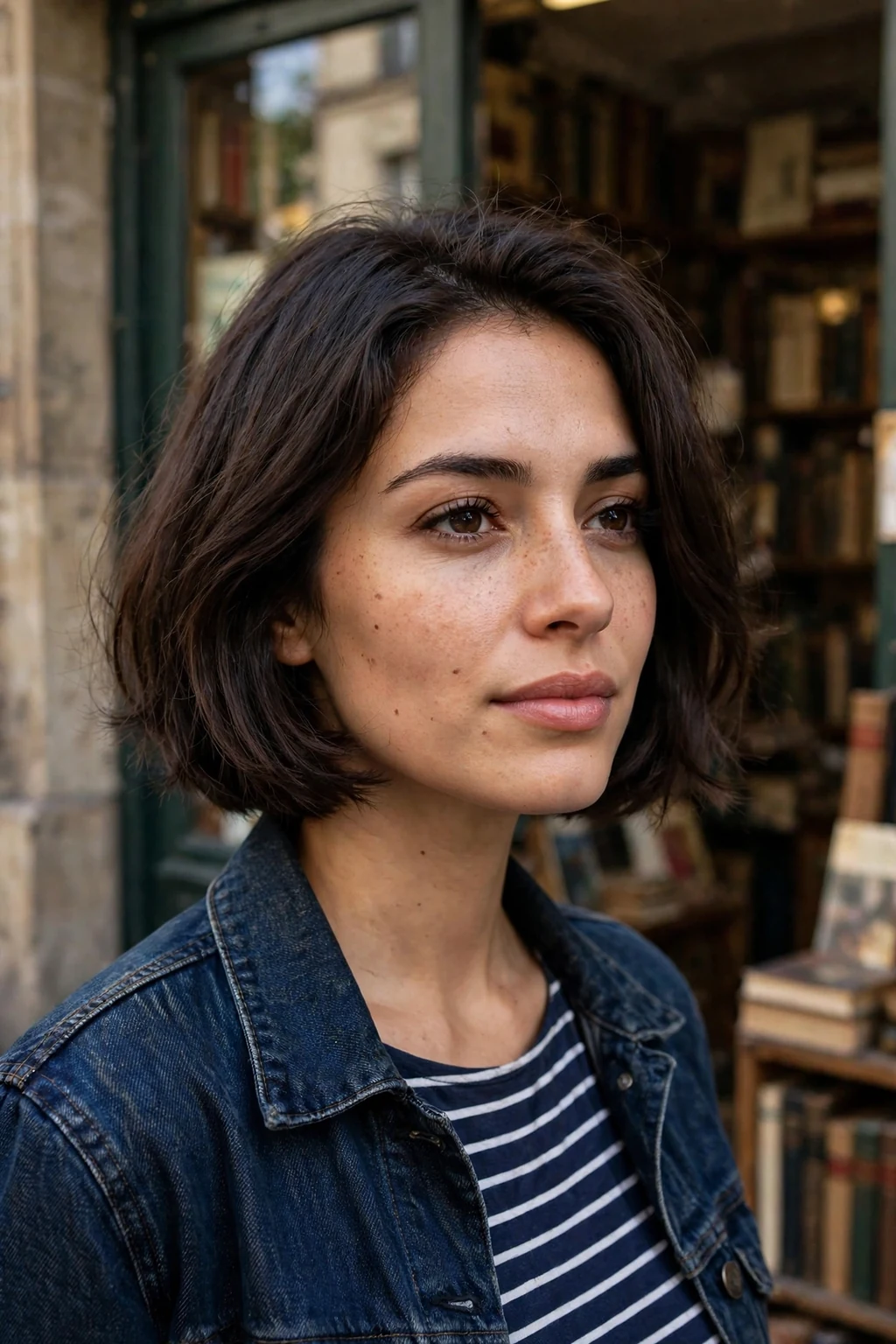 Young French woman with a chic French bob haircut outside a bookshop in a striped top.
