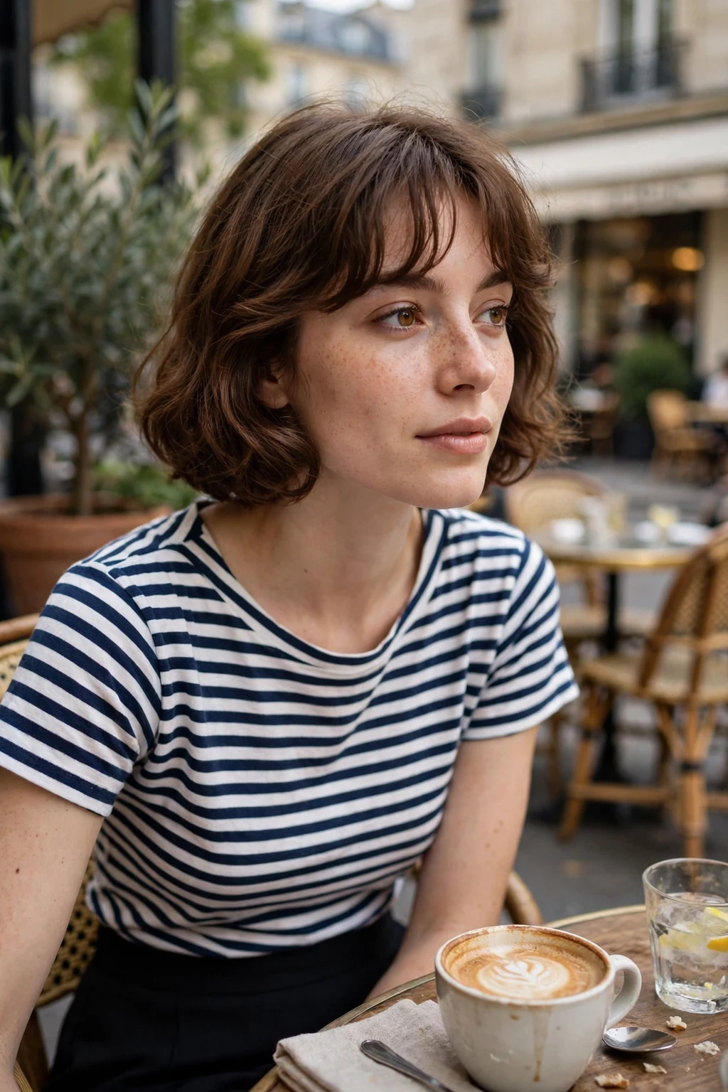 Young woman with a chic French bob ending at the cheekbones with soft bangs, in a Parisian-inspired setting.